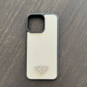 Prada 15 Pro Max Black and Cream Phone Case